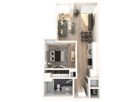 Floor plan for 1 bed, 1 bath, 581 sqft